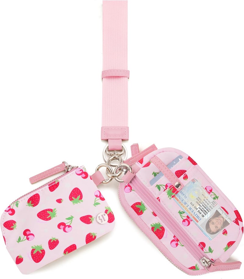 Sunpour Store Nylon Wristlet Strawberry Wallets, Dual Pouch Keychain Wristlet Wallet, RFID Small Wallet With Coin Pouch,ID Window For Travel - Image 1